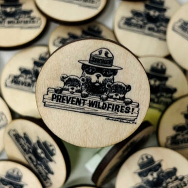 Smokey Bear "Smokey and Friends" Wood Button, Made in the USA